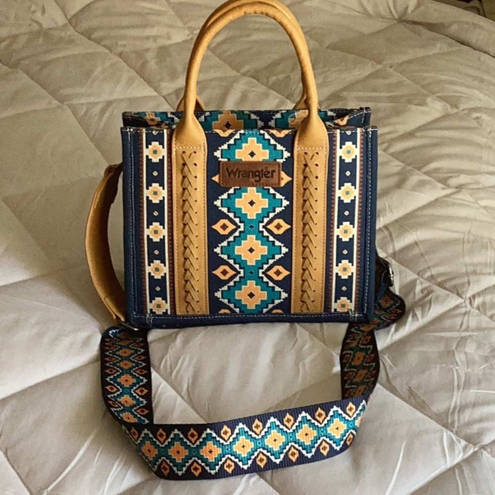 Wrangler Blue and Tan Geometric Tote Bag